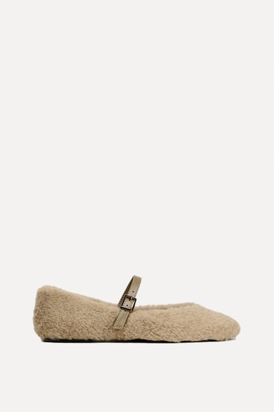 Faux Fur Ballerinas With Strap