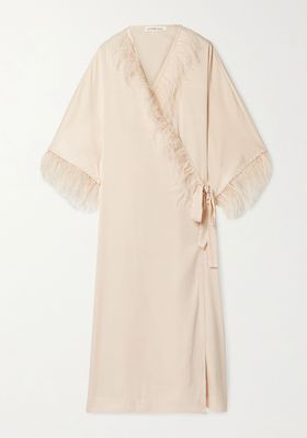 Feather-Trimmed Washed-Satin Robe from Love Stories