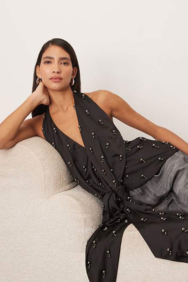 Embellished Plunge Tie Halter Top from Arrange