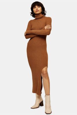 Camel Knitted Roll Neck Dress from Topshop
