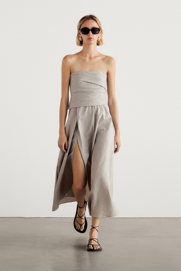 Striped Linen Blend Dress With Pleated Details  from Massimo Dutti