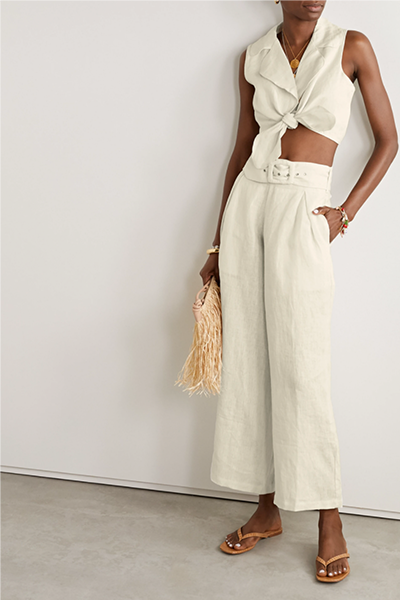 Lena Belted Linen Wide-Leg Pants