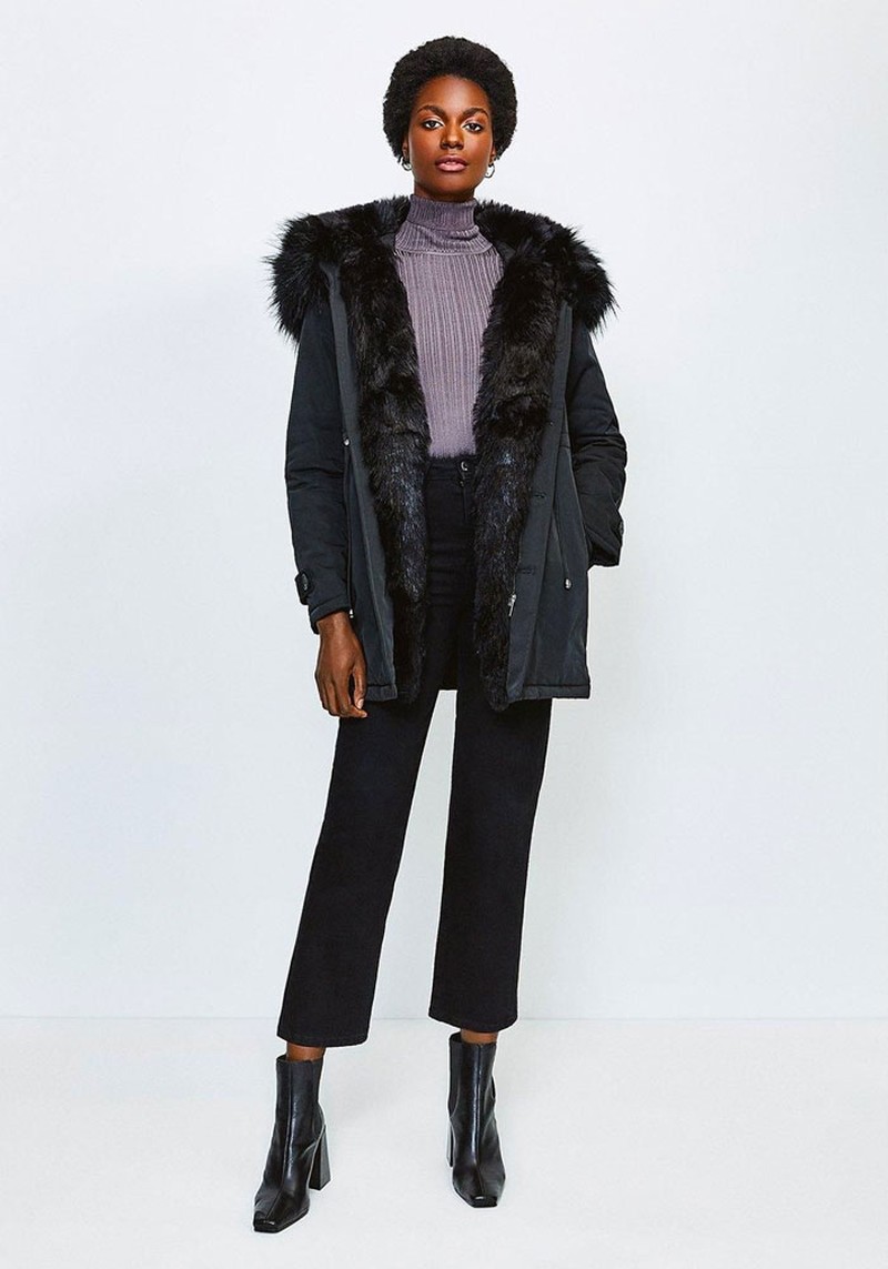 Faux Fur Hood And Trim Parka Coat