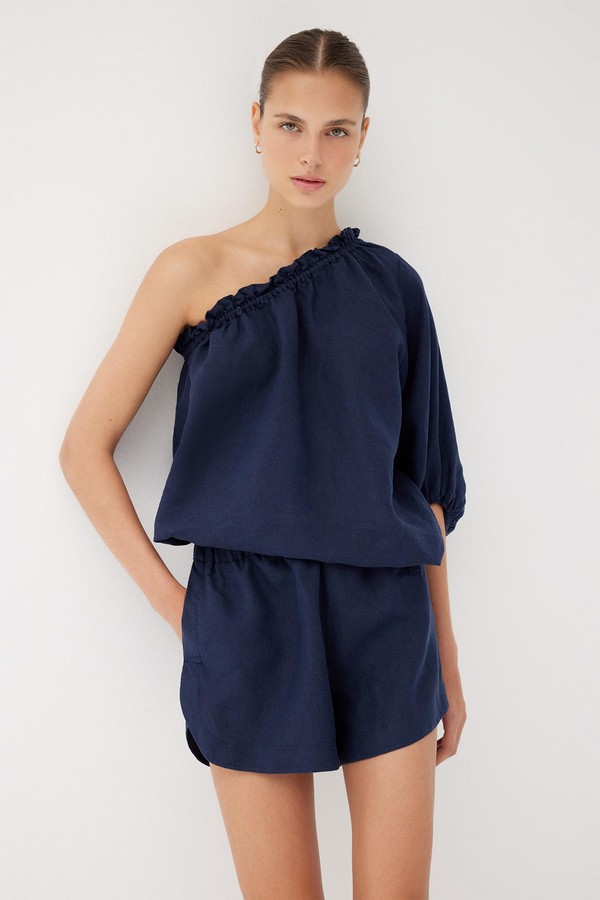 Navy Linen One Sleeve Top from Labeca London