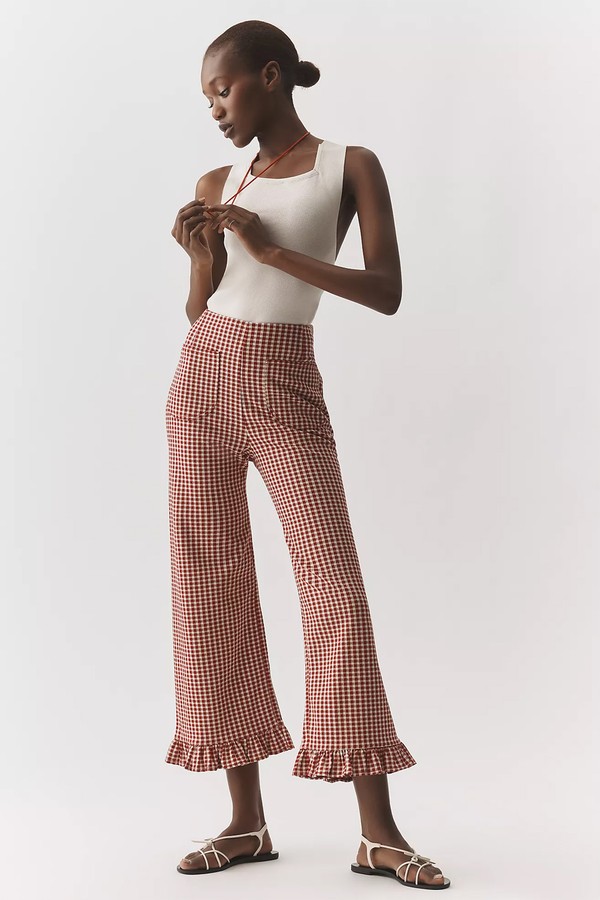The Colette Gingham Ruffled Cropped Wide-Leg Trousers