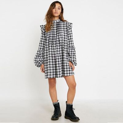 UO Jill Mono Check Babydoll Mini Dress from Urban Outfitters