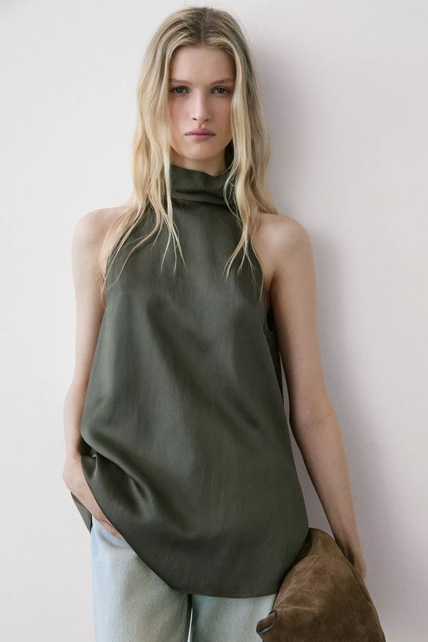 Satin Halter Top With Tie Detail