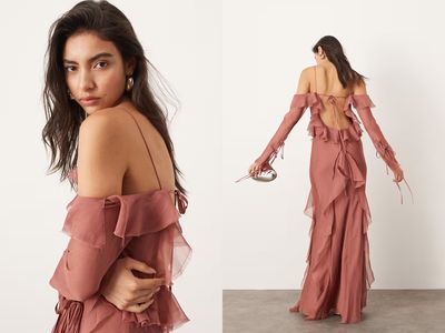 Halter Cold Shoulder Raw Edge Ruffle Maxi Dress from ASOS