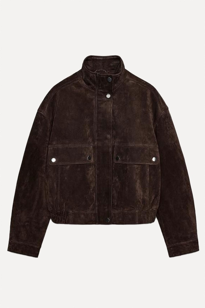 Suede Leather Bomber Jacket With Pockets