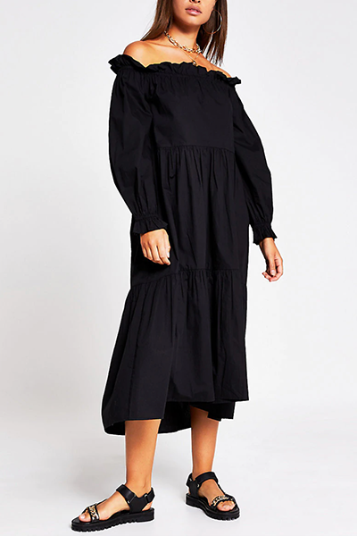 Black Long Sleeve Bardot Puff Sleeve Dress from River Island