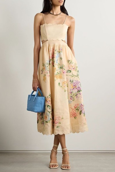 Halliday Cutout Scalloped Pintucked Floral-Print Linen Midi Dress from Zimmermann