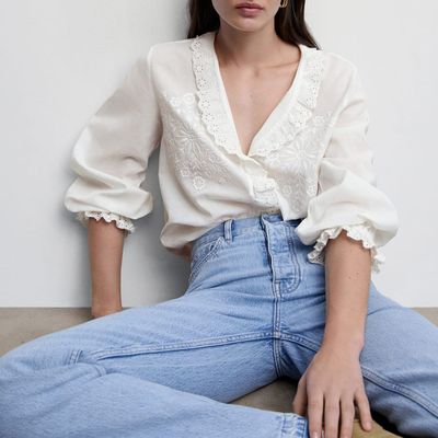 Pure Cotton Cut Work Blouse With Puff Sleeves-White