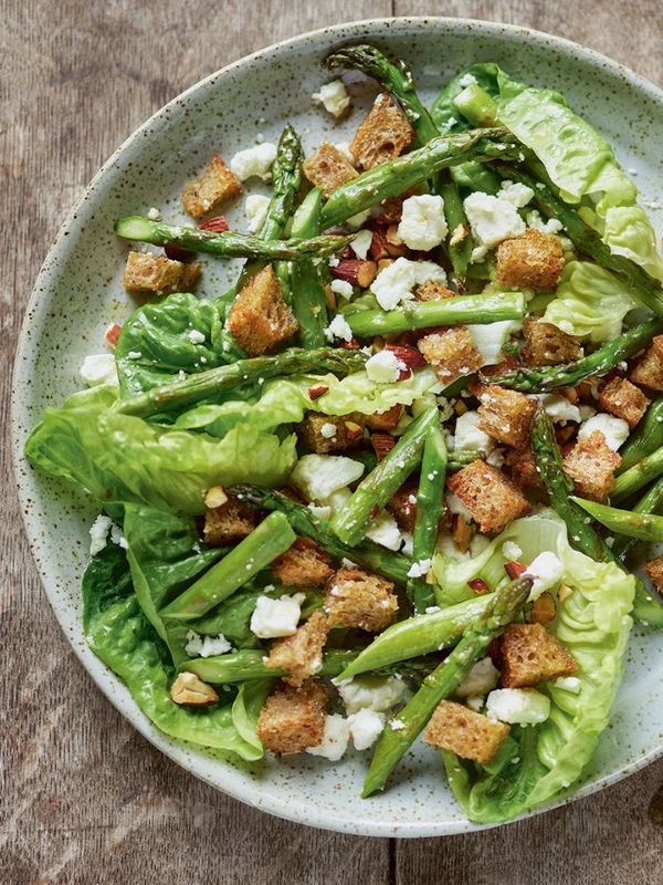 Roast Asparagus, Feta, Almonds & Sourdough Croutons