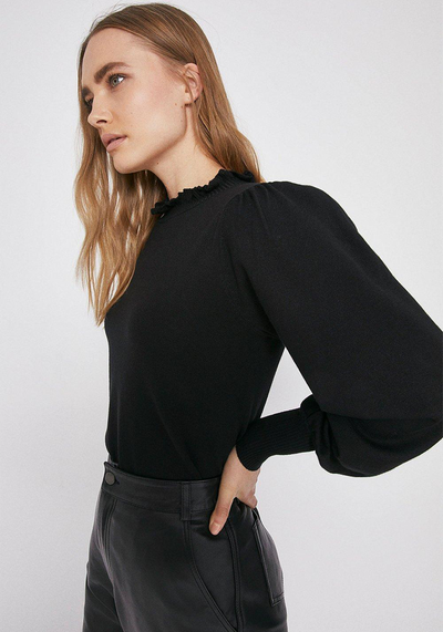 Ruffle Funnel Neck Blouson Sleeve Jumper