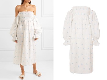 Atlanta Off-The-Shoulder Shirred Printed Linen Midi Dress from Sleeper