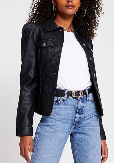 Faux Leather Puff Sleeve Jacket