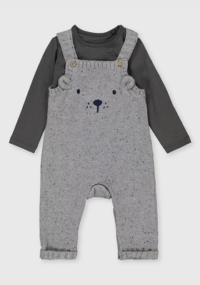 Grey Knitted Bear Dungarees & Bodysuit 