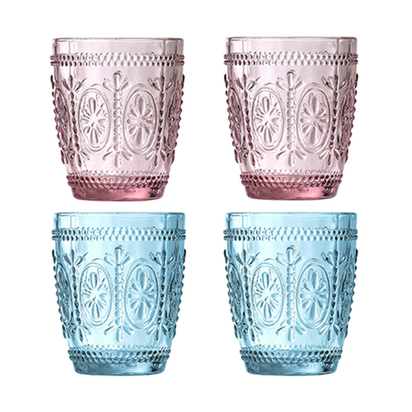 Set of 4 Fleur Pink & Blue Glass Tumblers from Premier