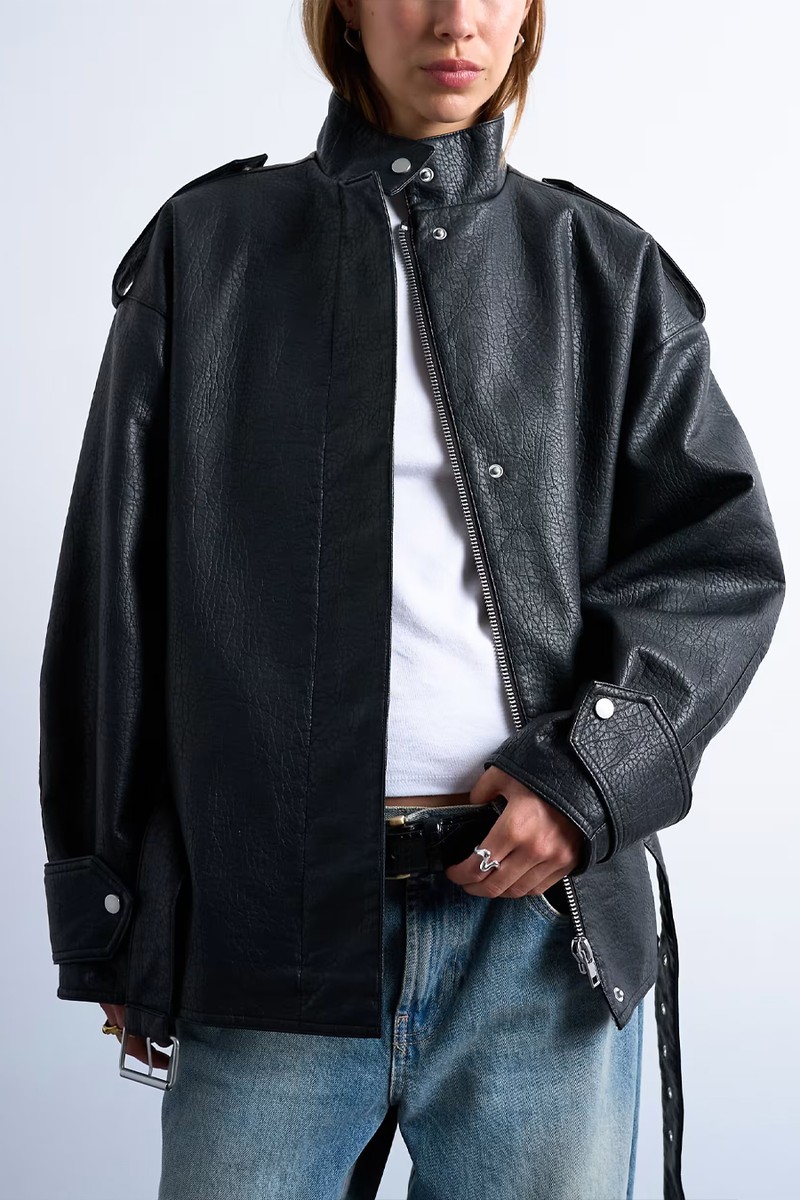 Faux Bubble Leather Short Belted Funnel Bomber Jacket