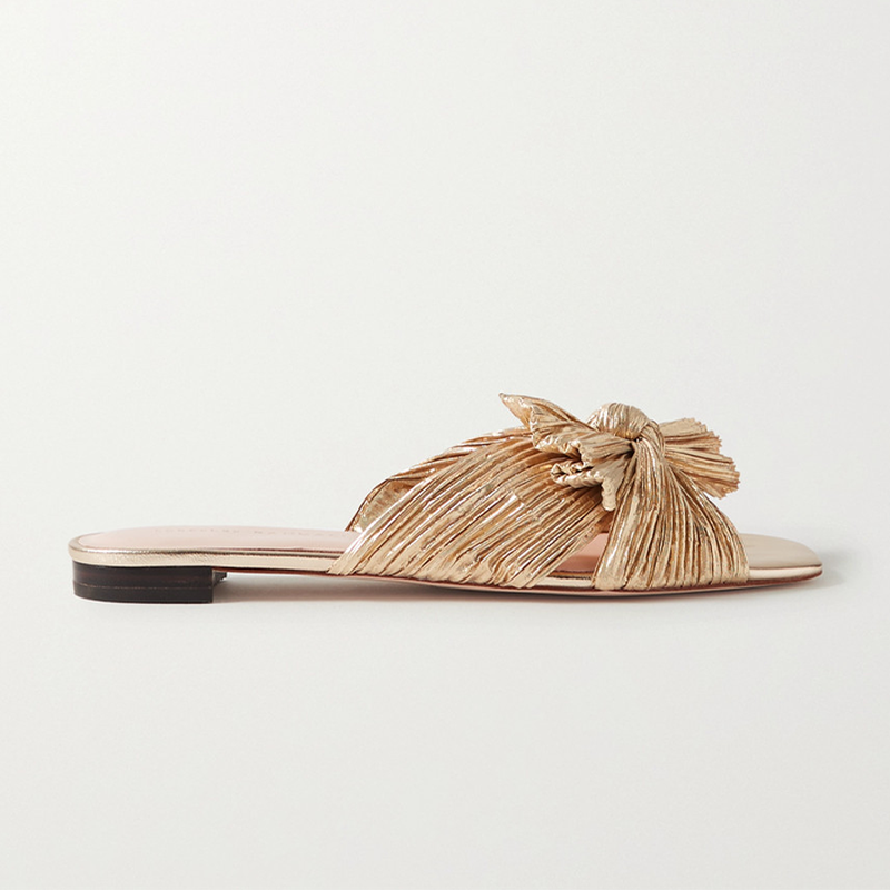 Daphne Bow-Embellished Plissé-Lamé Slides from Loeffler Randall