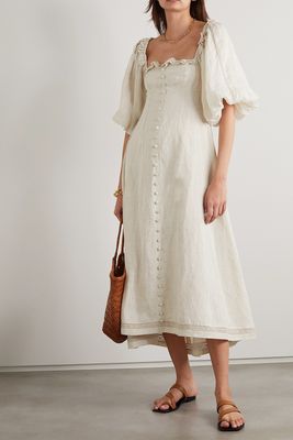 Rylee Crochet-Trimmed Ruffled Linen Midi Dress