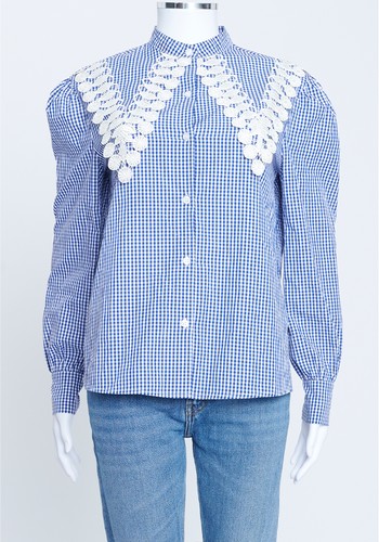 Blue Gingham Cotton Lace Collar Shirt from La Veste