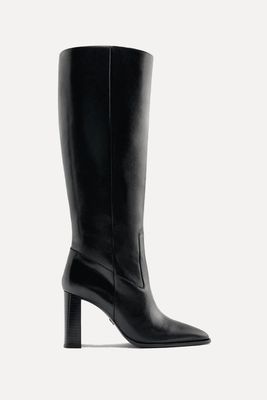 Leather Block Heel Knee-High Boots from Zara