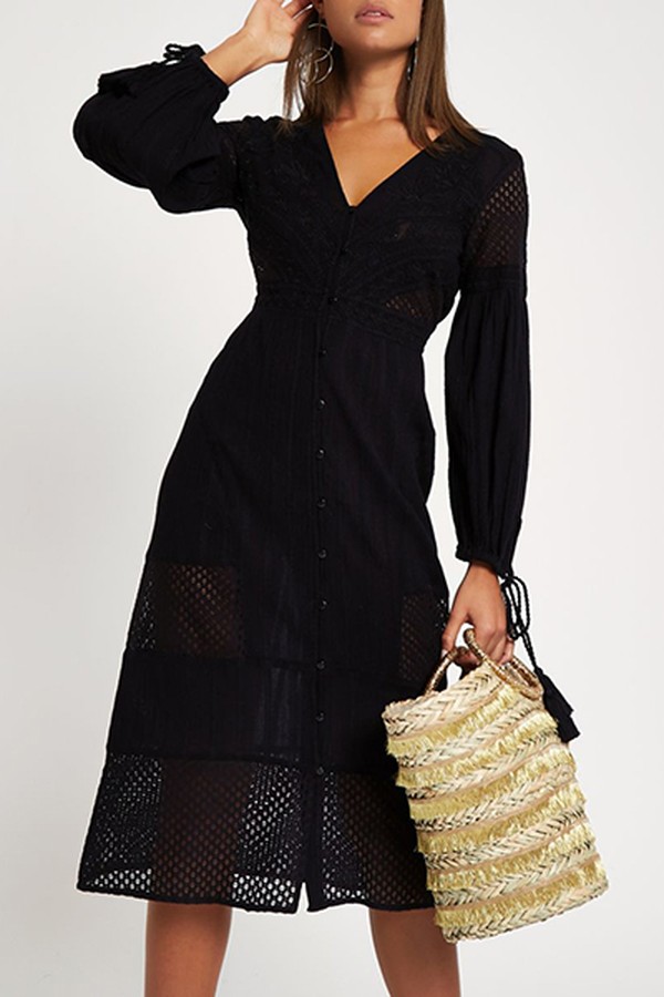 Black Embroidered Button Through Dress