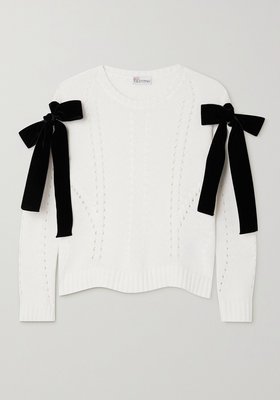 Velvet-Trimmed Pointelle-Knit Sweater from RedValentino