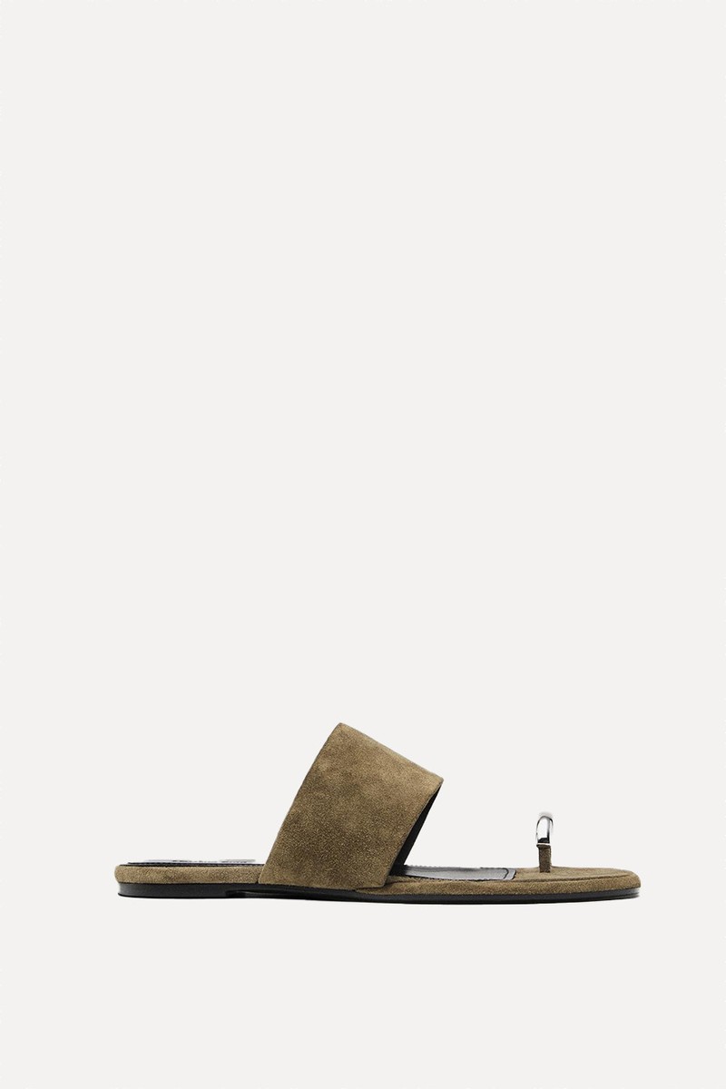 Split Suede Flat Slider Sandals With Ring Detail