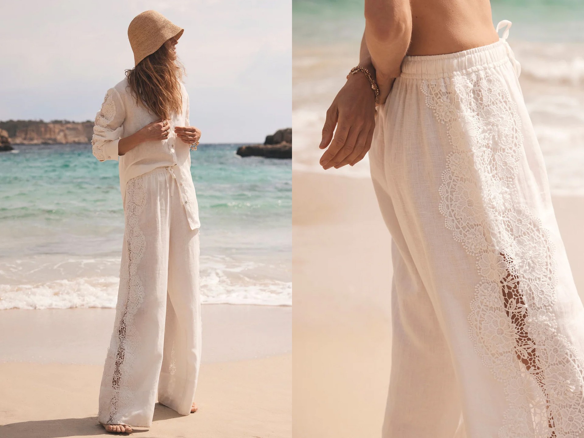 Linen Lace Trim Wide Trousers from MINT VELVET