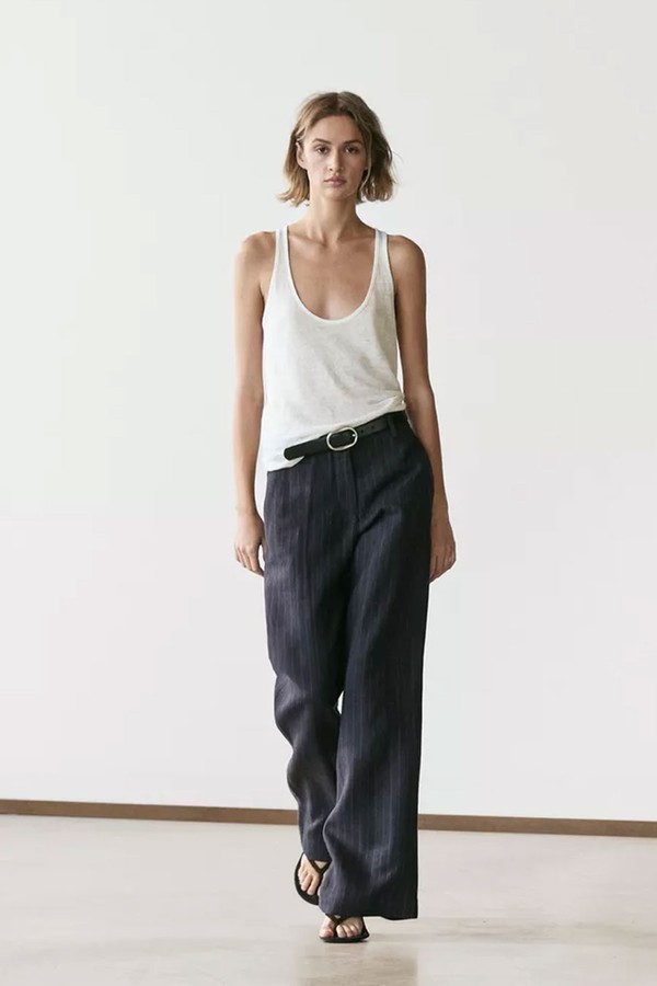 Wide-Leg Pinstripe Linen Trousers