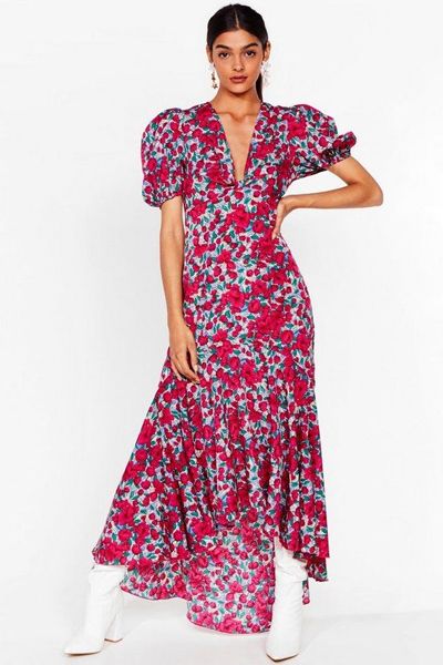 Puff Sleeve Dip Hem Midaxi Tea Dress In Pink Floral