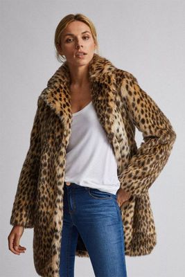 Brown Leopard Print Faux Fur Coat