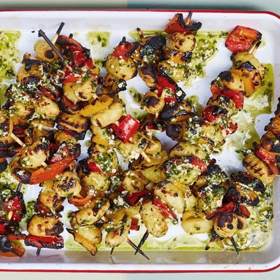 Crispy Gnocchi On A Stick With Charred Peppers & Basil Pesto