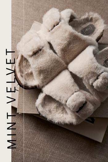 Cream Faux Fur Strap Slippers from Mint Velvet