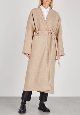 V Wrap Oatmeal Belted Wool-Blend Coat from Kassl Editions