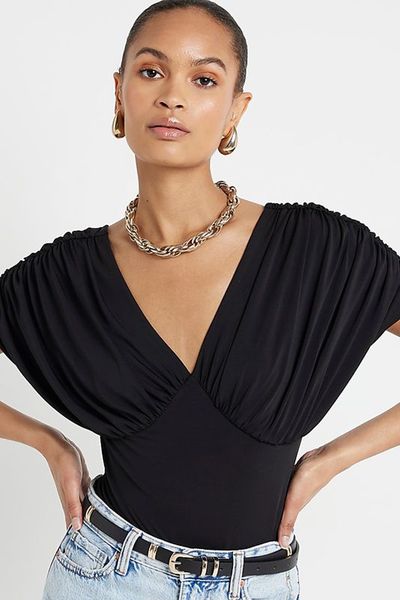 Black Drape Plunge Bodysuit from River Island