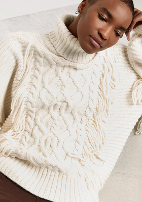 Cream Fringe Detail Cable Knit Jumper from River Island