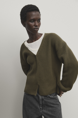 Purl Knit V-Neck Sweater With Front Detail from Massimo Dutti