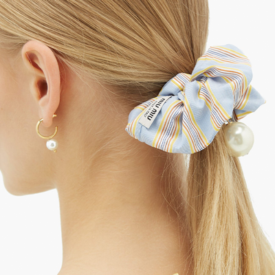 Pearl-Embellished Striped Scrunchie from Miu Miu