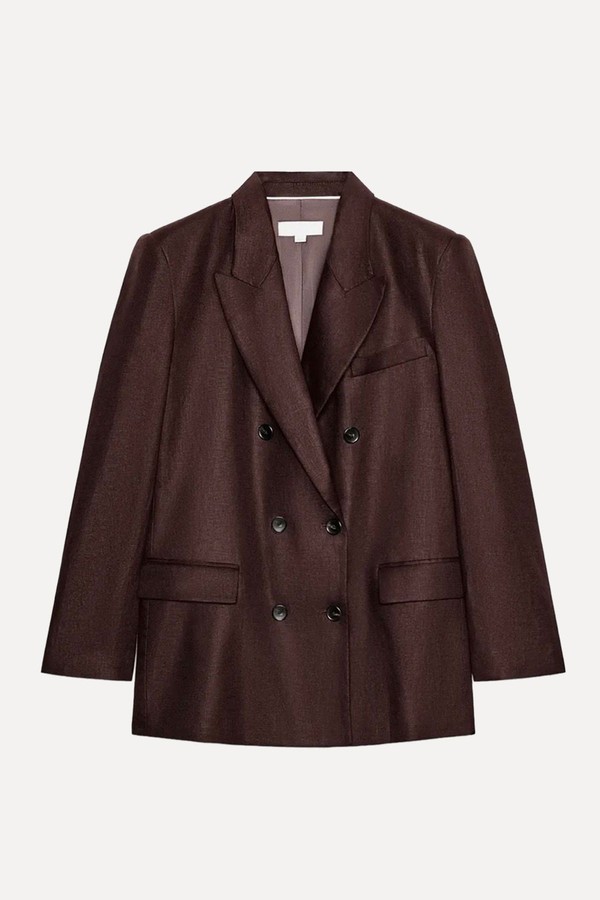 Double-Breasted 100% Linen Blazer With Shoulder Pads