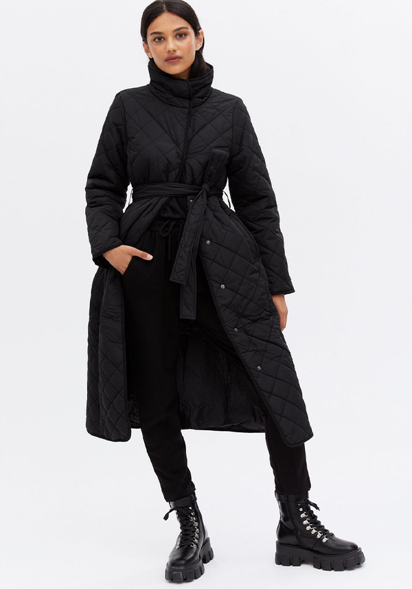 Quilted High Neck Belted Midi Coat