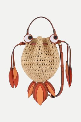 Goldfish Leather-Trimmed Embroidered Raffia Shoulder Bag from Anya Hindmarch