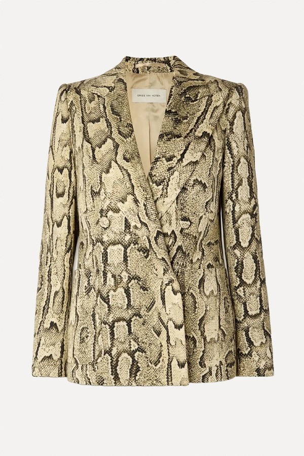 Double-Breasted Snake-Print Woven Blazer