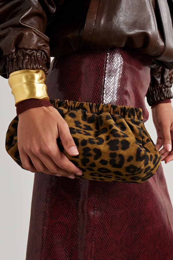 Miami Gathered Leopard-Print Suede Clutch from Demellier