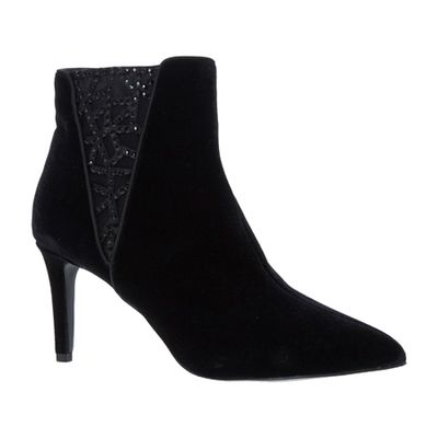 Black Velour Embellished Net Heeled Ankle Boots