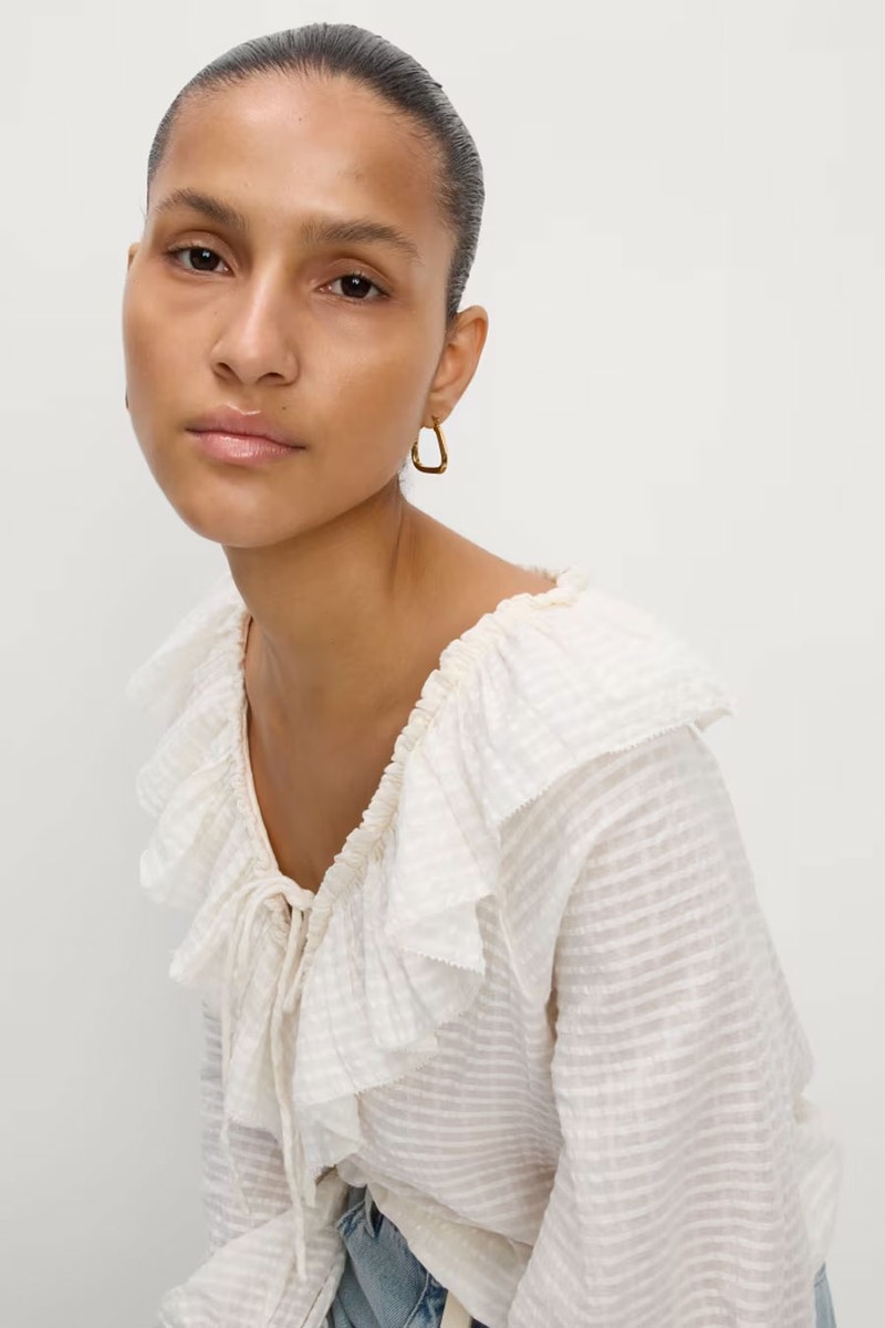 Pure Cotton Textured V-Neck Ruffle Blouse