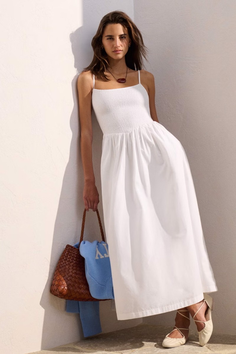 Dipped-Waist Smocked Midi Dress from Abercrombie & Fitch