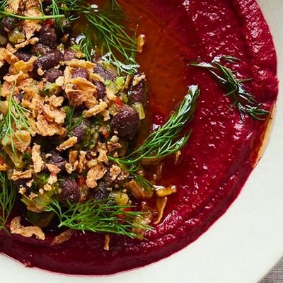 Beetroot Soup With Black Beans & Crispy Shallots